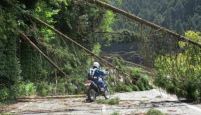 地震被災地の道路状況を調査する交通部隊